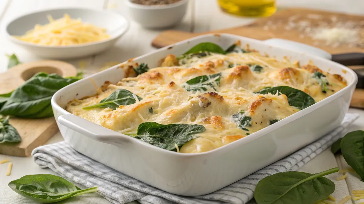 A golden, bubbly Creamy Chicken Spinach Bake in a white casserole dish with fresh spinach and cheese.