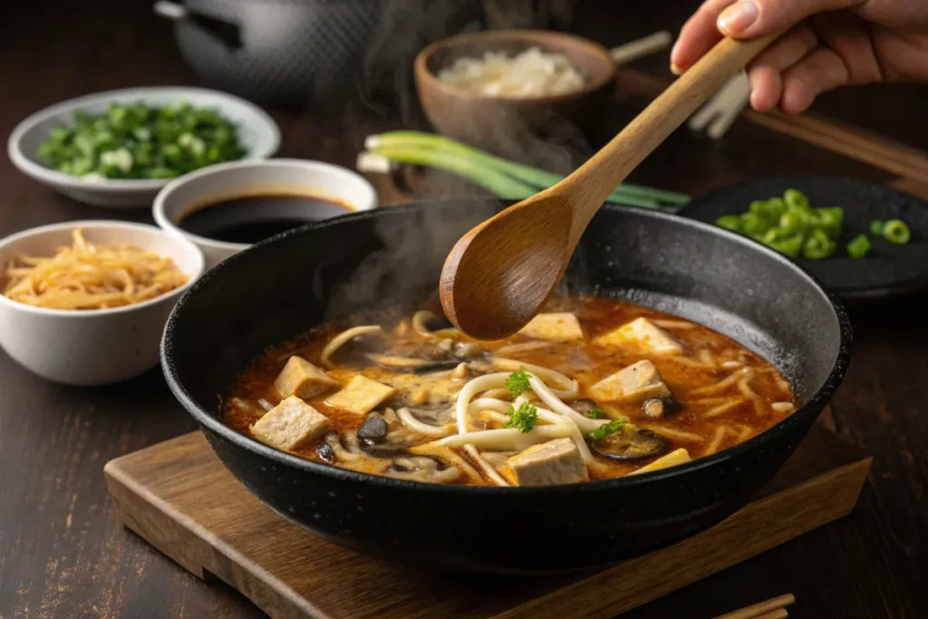 Hot and sour soup simmering in a black bowl, stirred with a wooden spoon, featuring tofu, mushrooms, and noodles.