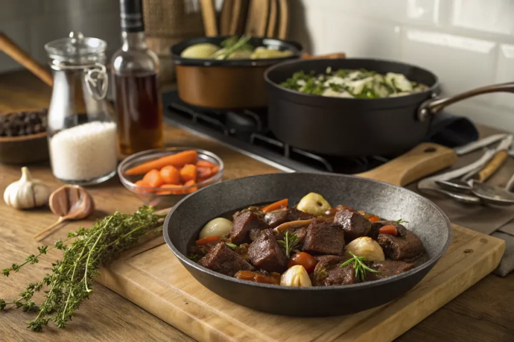 Beef Bourguignon recipe in progress, with beef cubes, carrots, onions, garlic, and fresh herbs simmering in a pot.