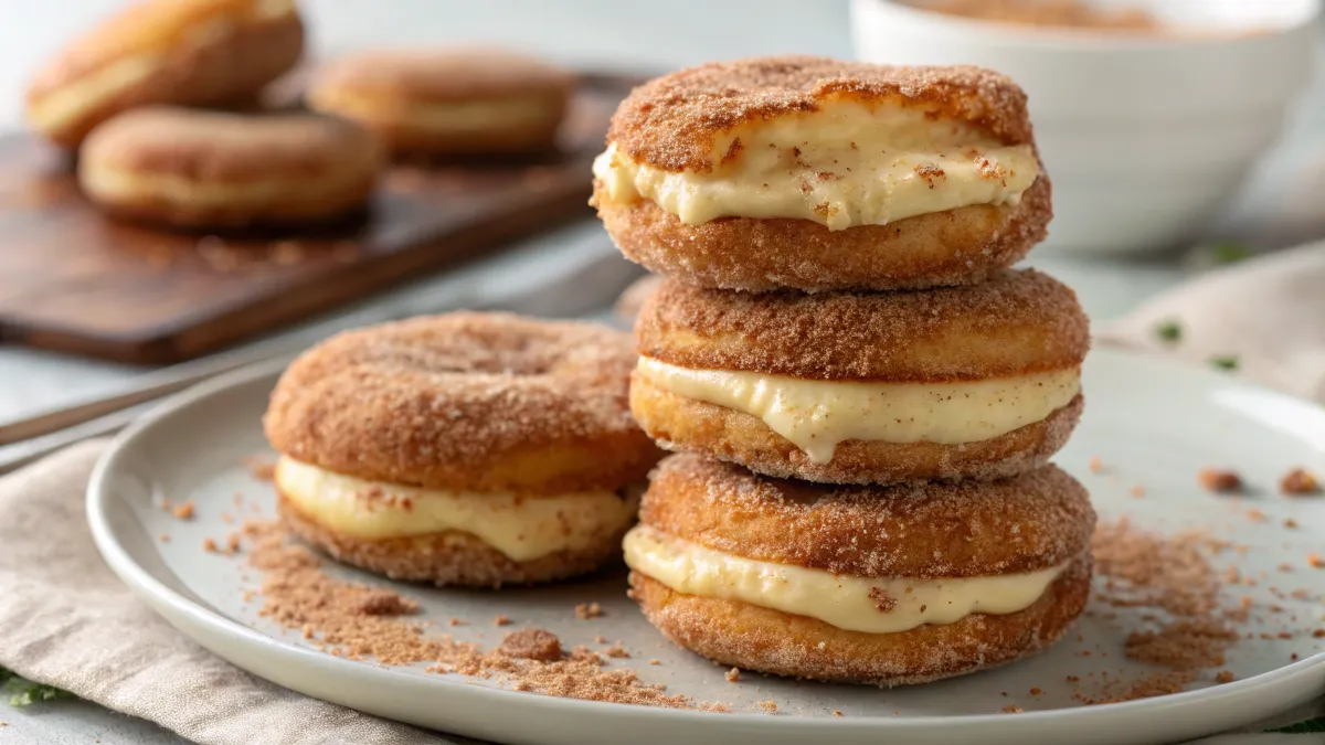 Stack of Churro Cheesecake Donut Cookies with cinnamon sugar