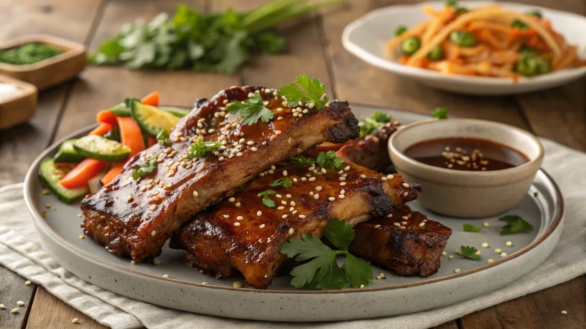 Juicy garlic ribs with a glossy glaze, garnished with parsley and sesame seeds, served with roasted vegetables.