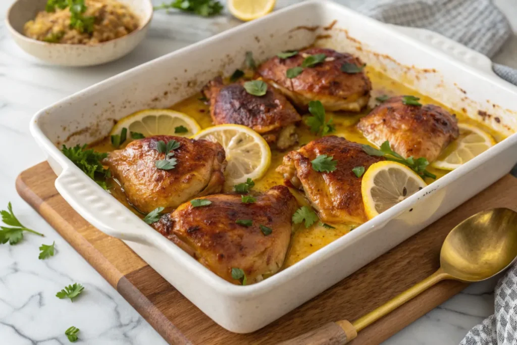 Baked Lemon Butter Chicken in a white baking dish, garnished with fresh parsley and lemon slices, with a golden-brown finish.