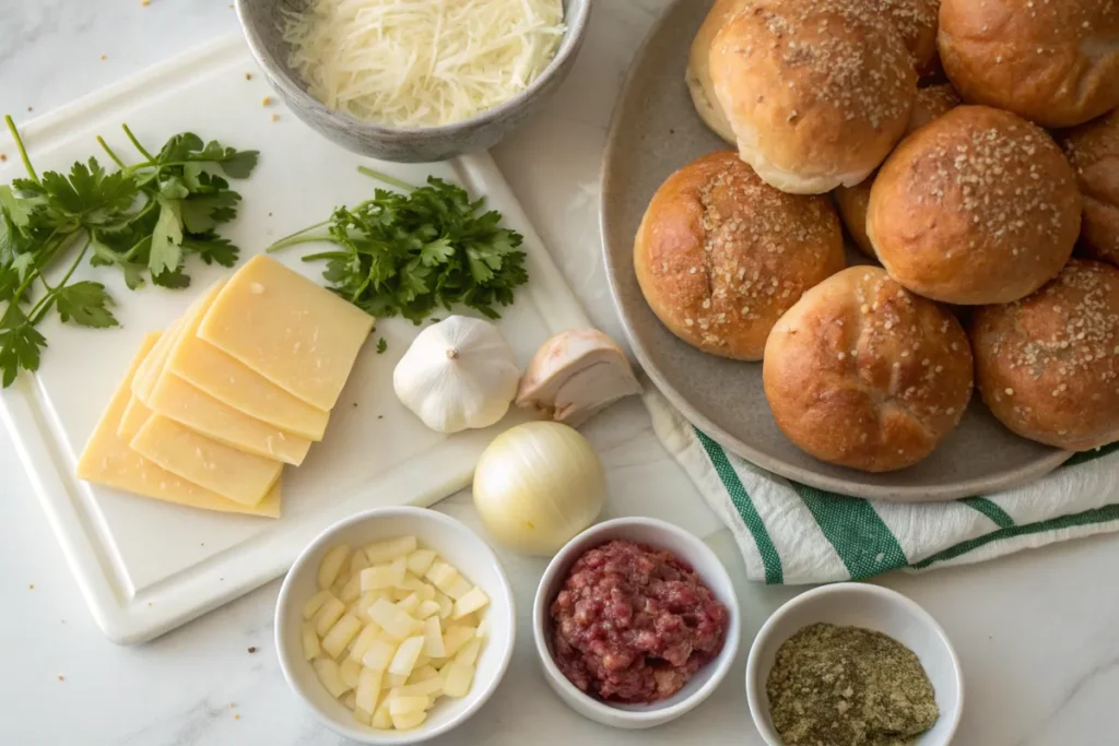 "A neatly arranged selection of fresh ingredients for Garlic Parmesan Cheeseburger Bombs, including ground beef, cheese, garlic, parsley, and buns."