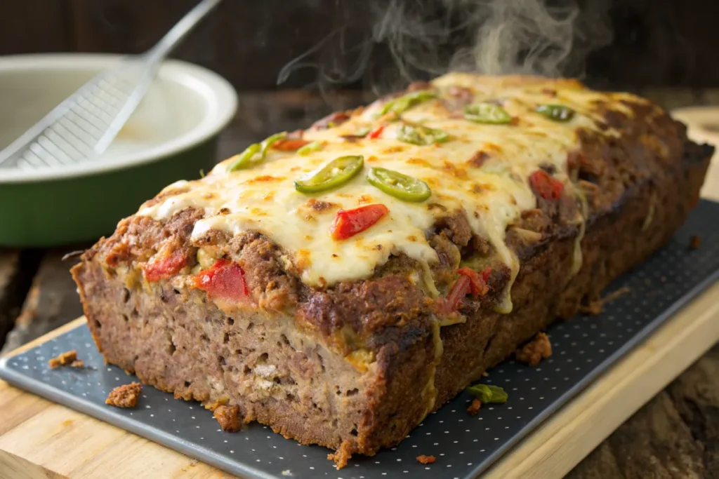 A freshly baked Classic Philly Cheesesteak Meatloaf topped with melted cheese, jalapeños, and red peppers, steaming hot.