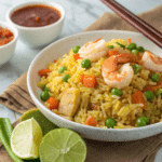 A bowl of Golden Egg and Onion Fried Rice with shrimp, peas, and carrots, served with chili sauce.