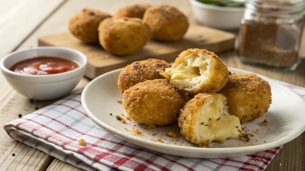 "Homemade Chicken Cheese Balls served on a plate, golden and crispy, with melted cheese inside and a side of dipping sauce."