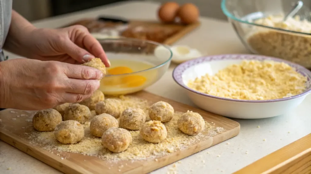 "Hands shaping Chicken Cheese Balls during the preparation process, with ingredients like breadcrumbs and eggs in the background."