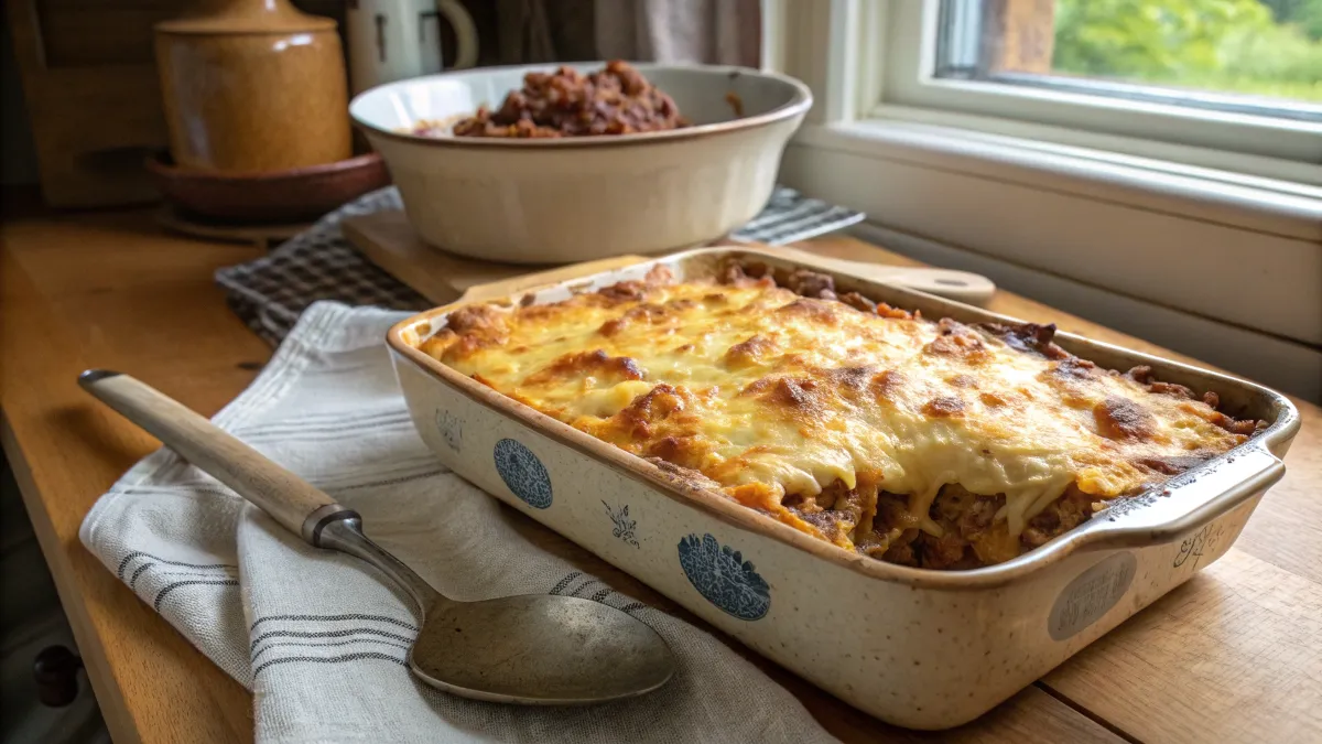 "Freshly baked Poor Man Husband Casserole in a rustic ceramic dish, topped with golden melted cheese, placed on a kitchen counter."