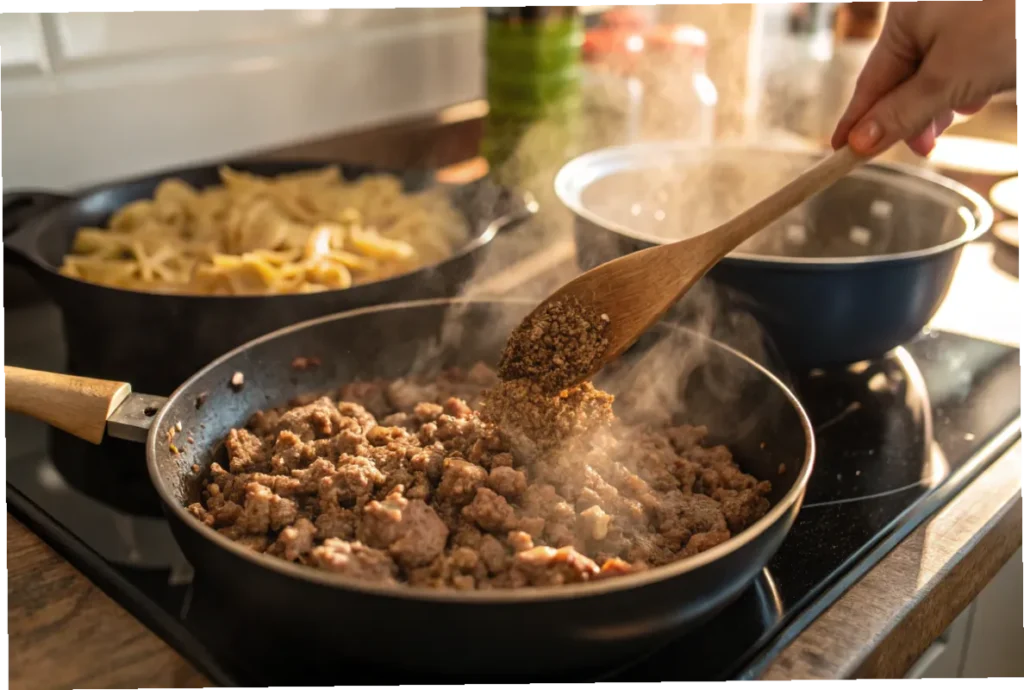 "Close-up of ground beef cooking in a pan with a wooden spoon, alongside a pot of pasta in a cozy kitchen setting."