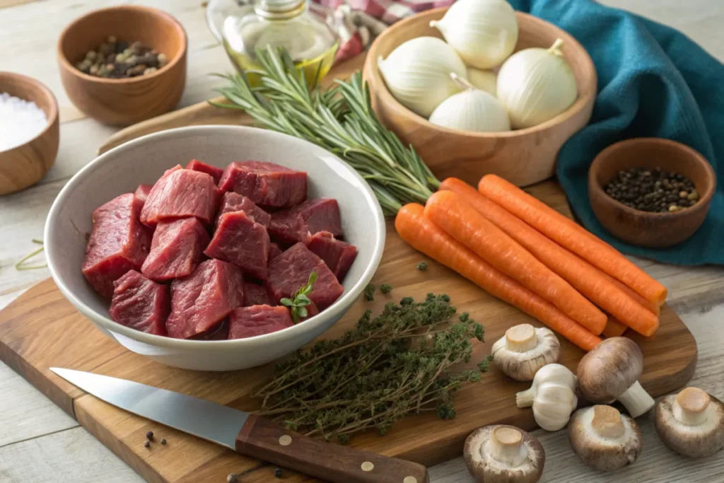 A selection of fresh ingredients for Beef Bourguignon: tender beef, carrots, onions, mushrooms, garlic, and herbs arranged on a wooden cutting board.