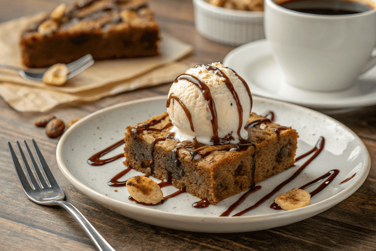 Freshly baked banana bread brownies with a brown butter glaze.