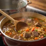 A bowl of Hearty Beef Barley Soup served with crusty bread and a fresh green salad on a cozy dinner table.