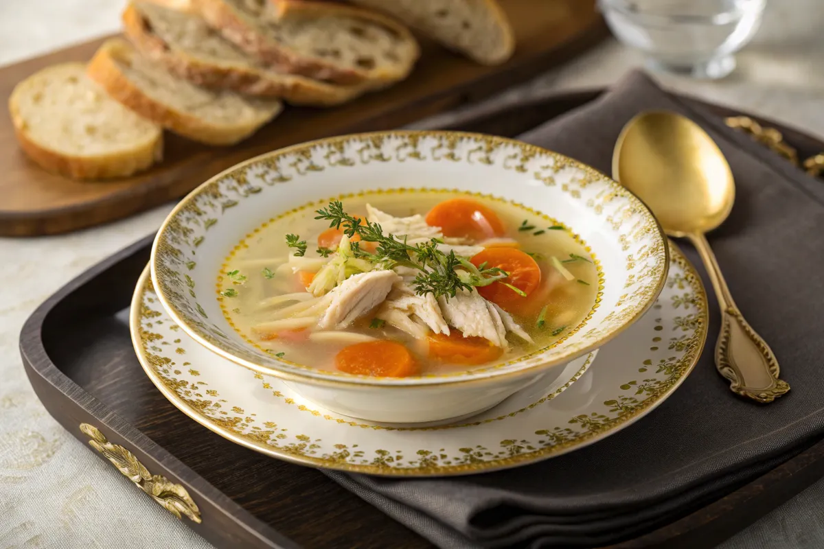 A beautifully plated bowl of chicken soup served in a decorative porcelain bowl with gold trim, featuring carrots, shredded chicken, and fresh herbs, accompanied by sliced bread and a golden spoon.