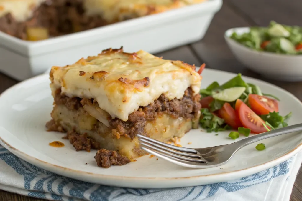 A plated serving of Meat & Potato Casserole, showing its layered texture.