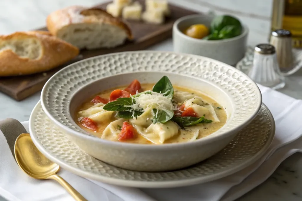 A single serving of Tuscan Tortellini Soup, garnished with basil and Parmesan, served in an elegant white bowl with crusty bread and wine.