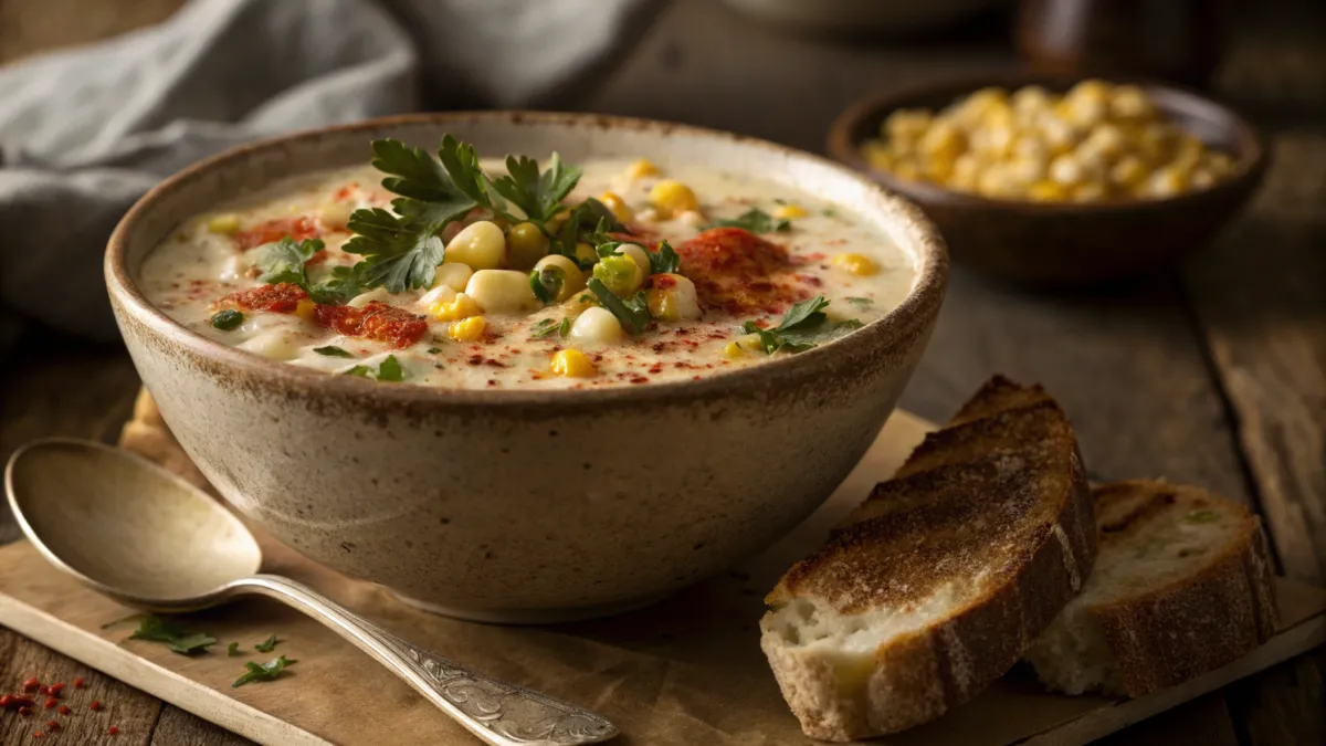 Smoky Sweetcorn Chowder with smoked paprika and fresh herbs in a rustic bowl.