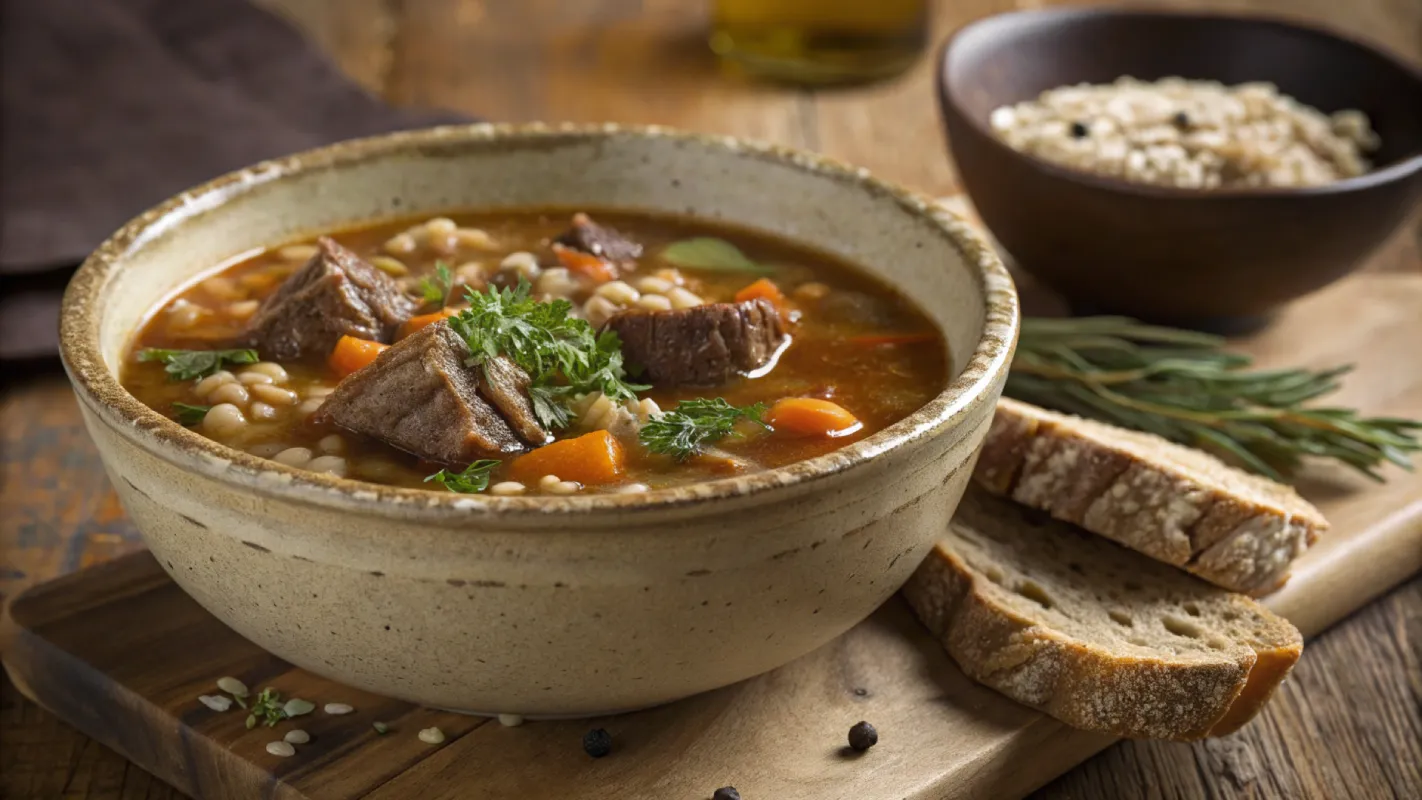 A bowl of Hearty Beef Barley Soup with chunks of beef, barley, and fresh herbs, served with bread on a wooden table.