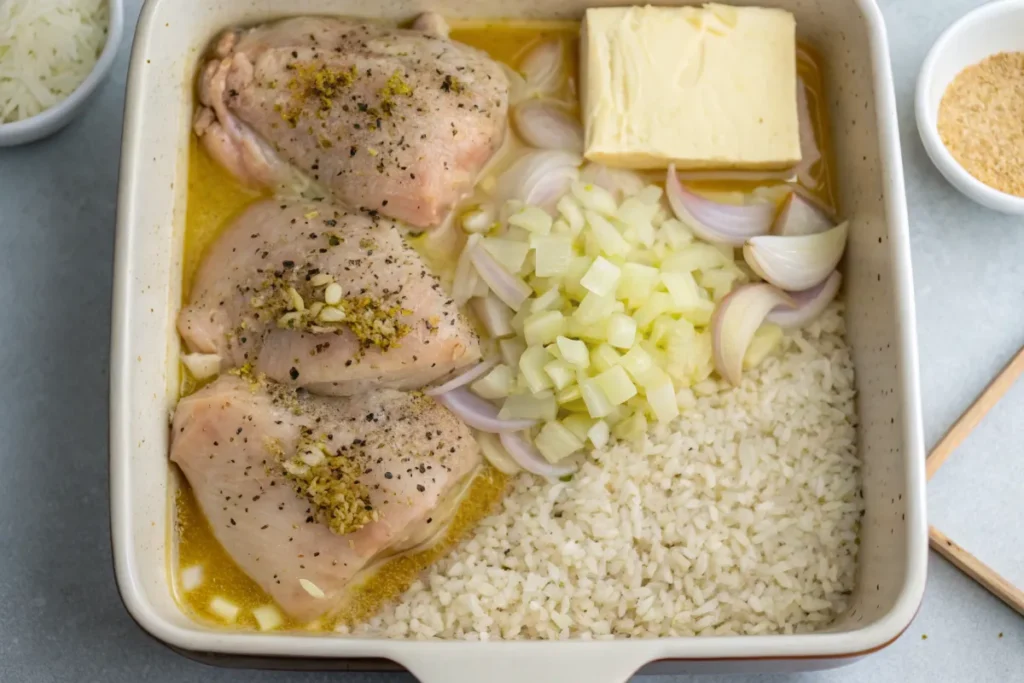 Baking dish with rice, broth, and seasoned chicken thighs before going into the oven.