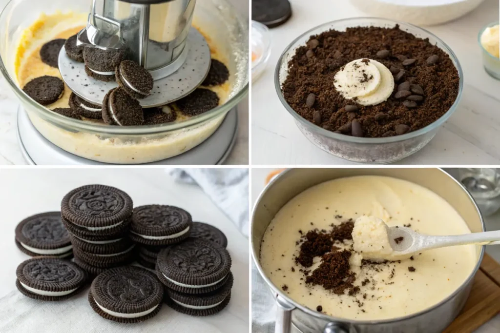 Pressing Oreo crust into a springform pan for Oreo Cheesecake.