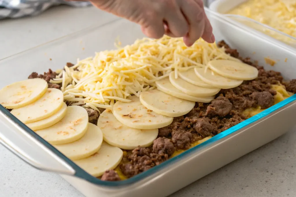  Layering potatoes, beef, and cheese in a baking dish for Meat & Potato Casserole.