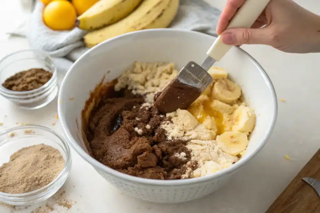 Mixing banana bread brownie batter with ripe bananas and cocoa.