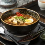 A beautifully presented hot and sour soup in a black bowl with tofu, mushrooms, egg slices, and fresh garnish.