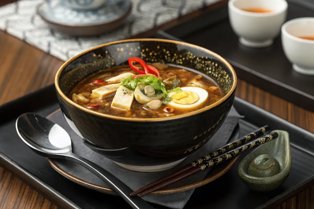 A beautifully presented hot and sour soup in a black bowl with tofu, mushrooms, egg slices, and fresh garnish.