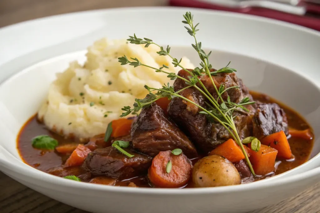 A delicious Beef Bourguignon dish featuring tender beef, vegetables, mashed potatoes, and fresh herbs, beautifully presented in a white bowl.