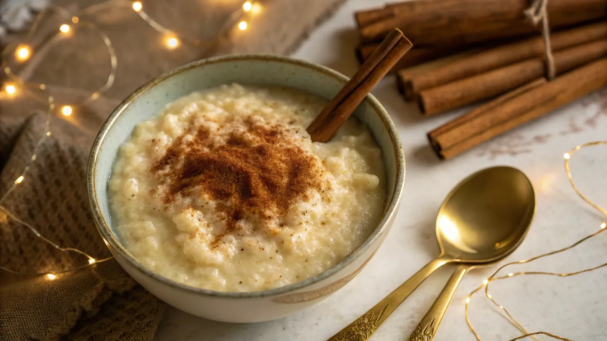 A bowl of creamy rice pudding sprinkled with cinnamon on a rustic wooden table.