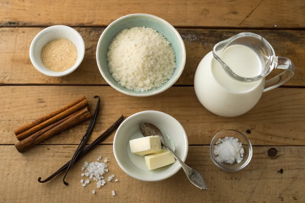 Rice simmering in milk on a stovetop, being stirred with a wooden spoon.