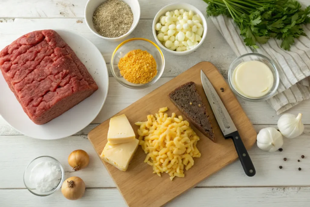 A top-down view of fresh, high-quality ingredients for Mac and Cheese Meatloaf Casserole on a wooden countertop.