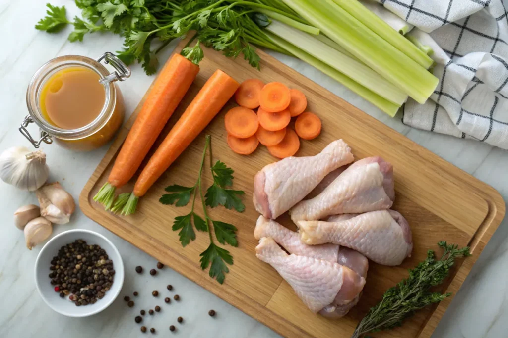 A top-down view of fresh ingredients for chicken soup, including raw chicken drumsticks, whole carrots, celery stalks, parsley, thyme, garlic cloves, black peppercorns, and a jar of chicken broth, arranged neatly on a wooden cutting board.