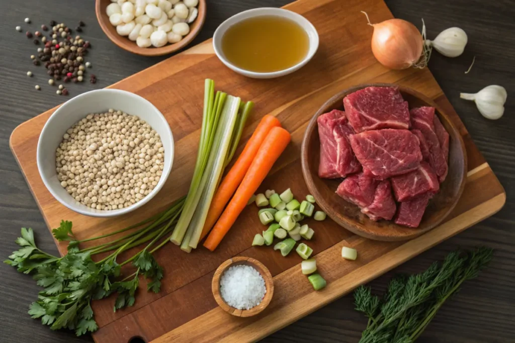 Fresh ingredients for Hearty Beef Barley Soup, including chuck roast, barley, vegetables, and herbs, arranged on a wooden board.