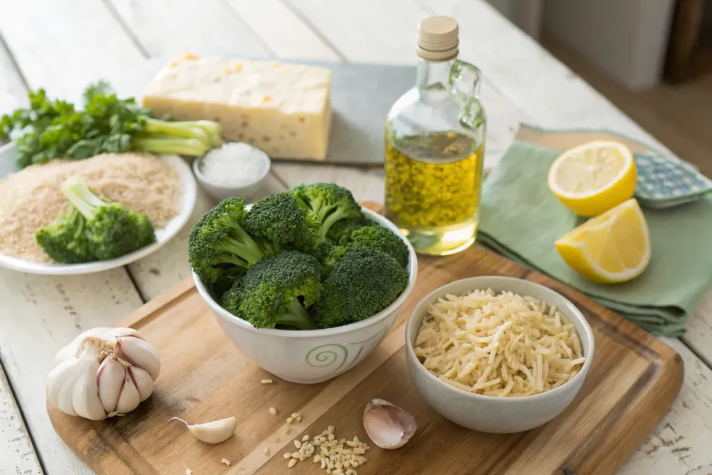 A top-down view of fresh ingredients needed for rice with Broccoli, including broccoli, Parmesan, garlic, and olive oil.