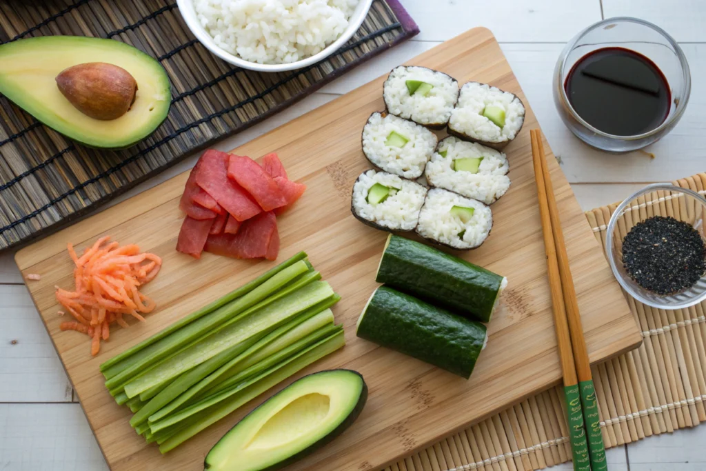 Fresh ingredients for New-York Rolls: avocado, cucumber, cream cheese, sushi rice, and nori sheets.