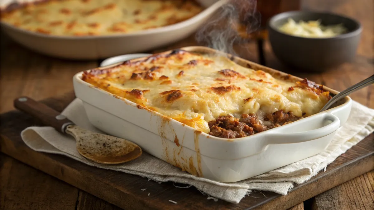 A freshly baked Meat & Potato Casserole with a golden, crispy cheese topping.