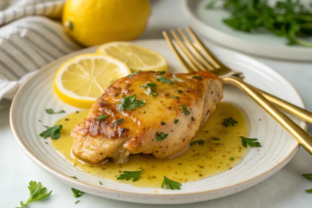 A beautifully plated serving of baked lemon butter chicken topped with fresh parsley, surrounded by lemon slices and sauce.