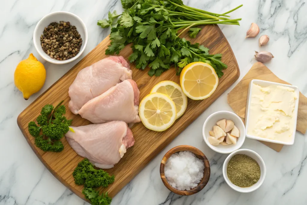 Fresh ingredients for Baked Lemon Butter Chicken, including raw chicken thighs, lemons, parsley, butter, garlic, and spices, arranged on a wooden cutting board.