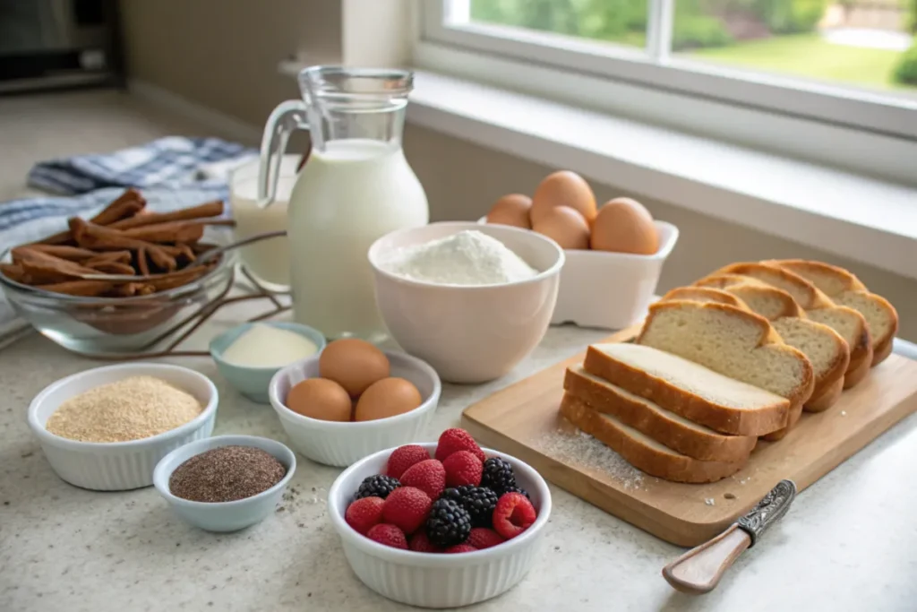 Ingredients for French Toast Casserole on a kitchen counter.