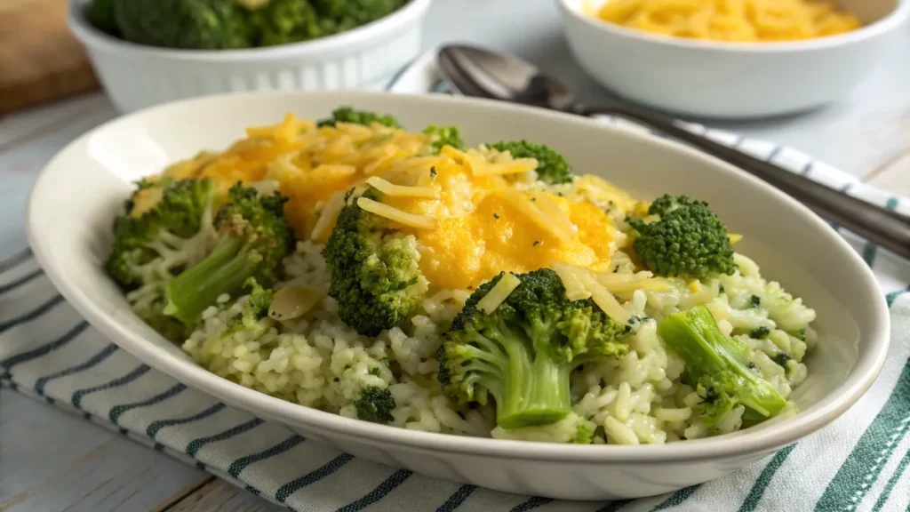 A serving of cheesy broccoli rice casserole in a white bowl, topped with melted cheddar cheese and vibrant broccoli florets.