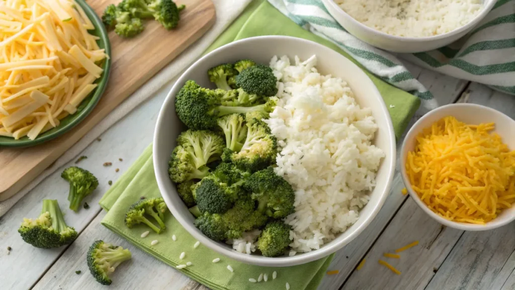 Fresh ingredients for cheesy broccoli rice casserole, including broccoli florets, cooked rice, and shredded cheddar cheese.