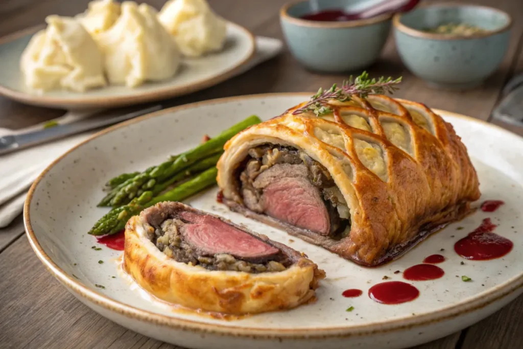 A plated serving of Classic Beef Wellington, featuring golden puff pastry, tender medium-rare beef, and mushroom filling. Served with roasted asparagus, creamy mashed potatoes, and drizzled with red wine sauce.