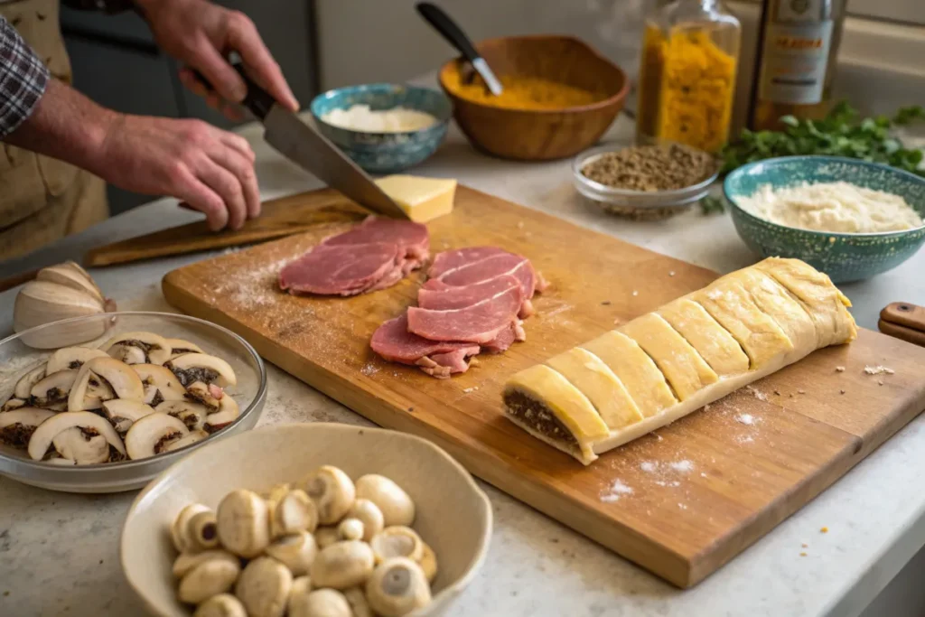 Ingredients and preparation process for Classic Beef Wellington, featuring raw beef, puff pastry, sliced mushrooms, garlic, and cooking utensils on a wooden cutting board in a rustic kitchen setting.