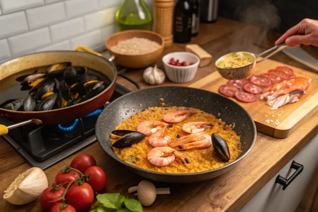 "Kitchen scene showing seafood paella being prepared with shrimp, mussels, and saffron rice, alongside fresh ingredients on the counter."