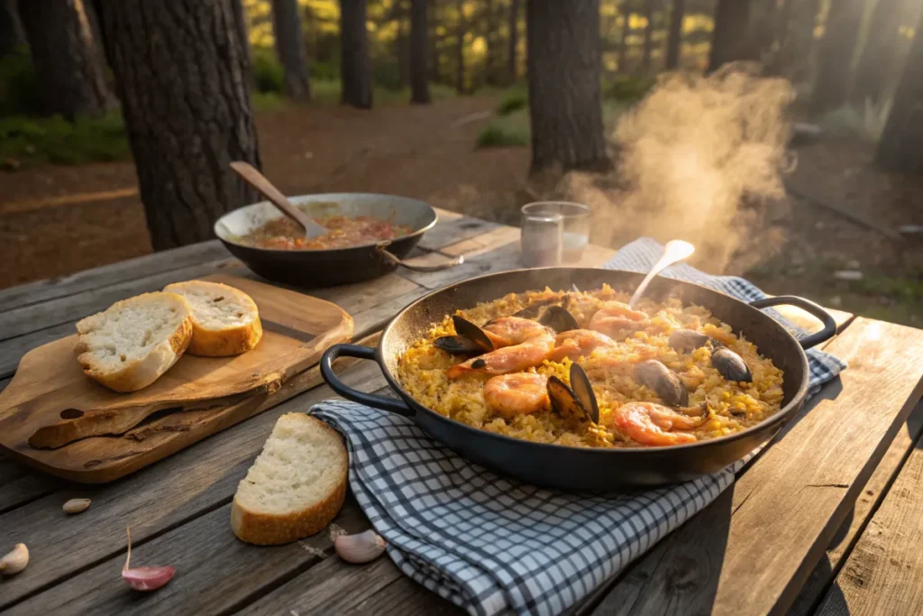 "Seafood paella served in a pan on a rustic wooden table outdoors, with bread slices and forest surroundings in the background."