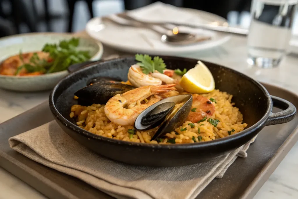 "Seafood paella served in a black pan, featuring shrimp, mussels, and saffron rice, garnished with parsley and a lemon wedge."