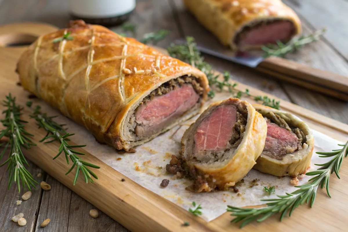 A beautifully baked Classic Beef Wellington, sliced to reveal a golden, flaky puff pastry and tender, medium-rare beef center, garnished with fresh rosemary on a rustic wooden board.