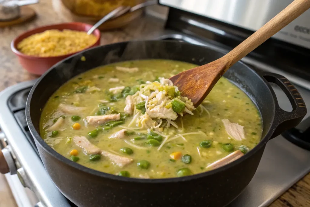 A pot of Green Chicken Enchilada Soup simmering on the stove, with a wooden spoon lifting shredded chicken, cheese, and vegetables.