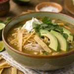 A bowl of Green Chicken Enchilada Soup garnished with avocado slices, crispy tortilla strips, sour cream, and fresh cilantro.