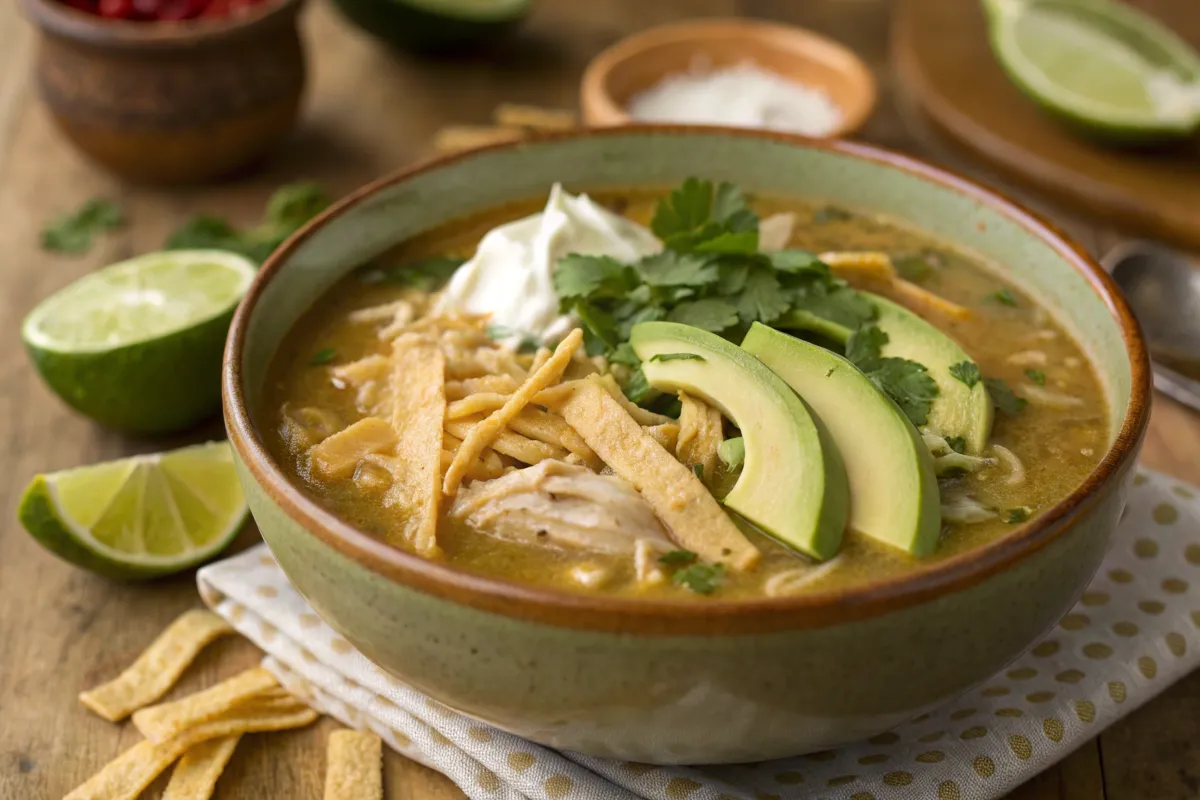 A bowl of Green Chicken Enchilada Soup garnished with avocado slices, crispy tortilla strips, sour cream, and fresh cilantro.